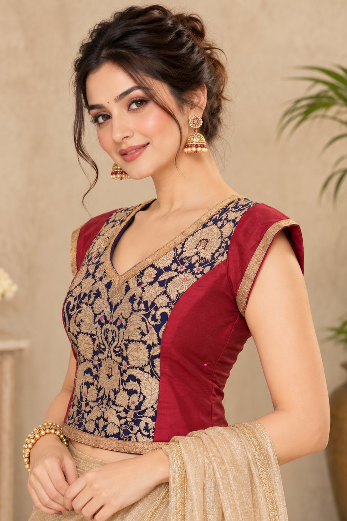 Maroon & Navy Blue Brocade Patchwork Designer Blouse