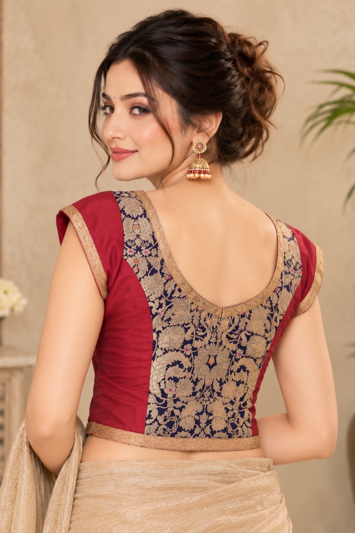Maroon & Navy Blue Brocade Patchwork Designer Blouse