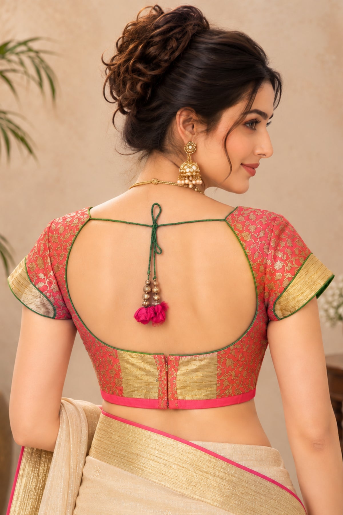 Coral Pink & Gold Brocade Patchwork Designer Blouse