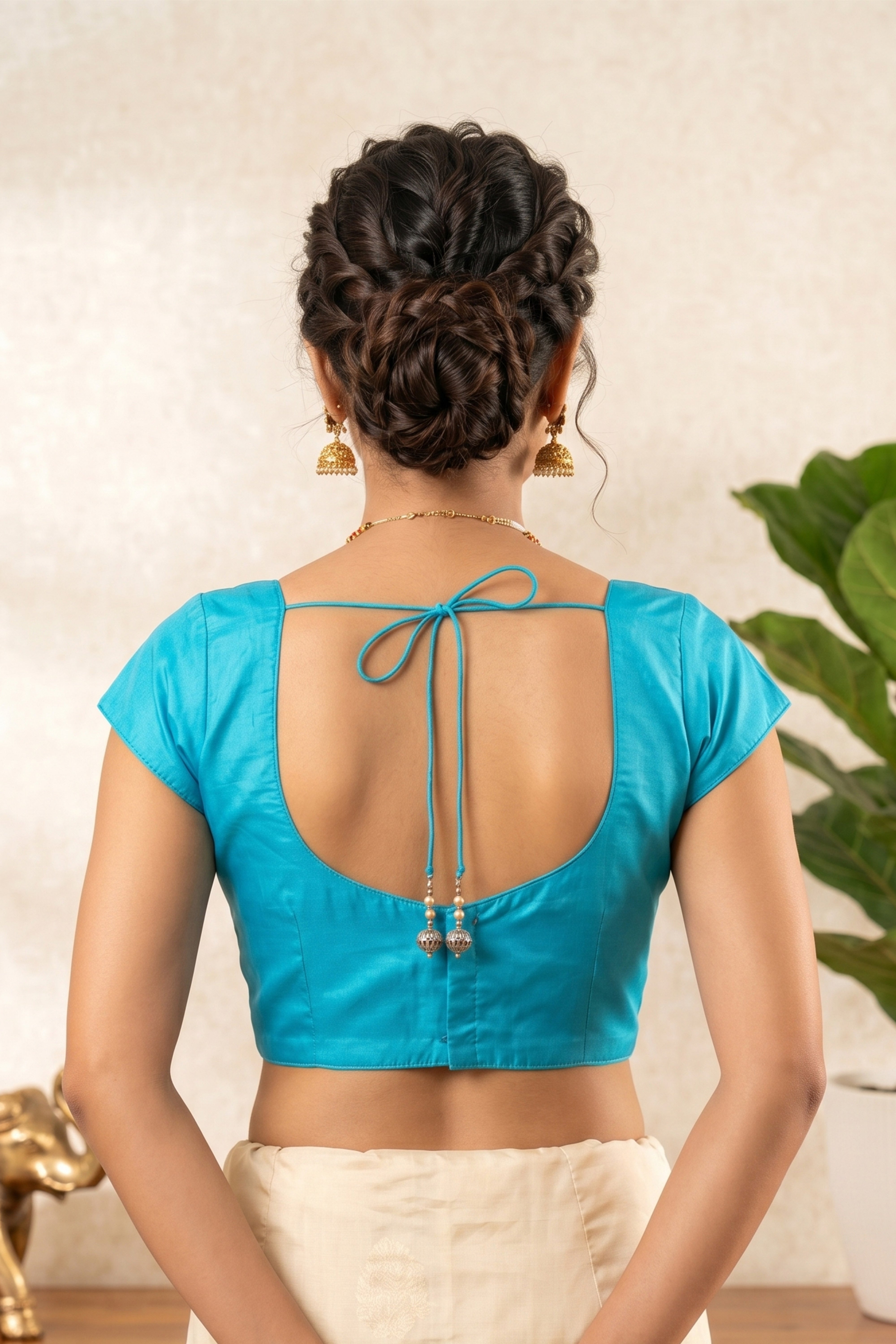 Vibrant Turquoise Blue Silk Blouse with Sweetheart Neckline