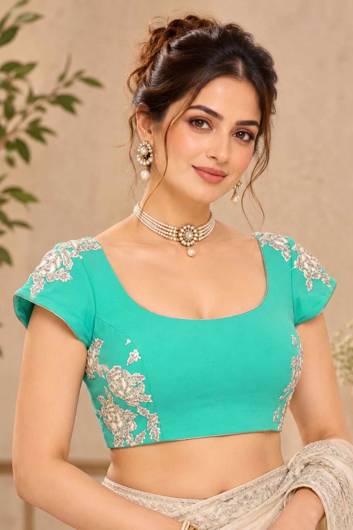 Turquoise Blue Embroidered Designer Blouse with Pearl Tassels