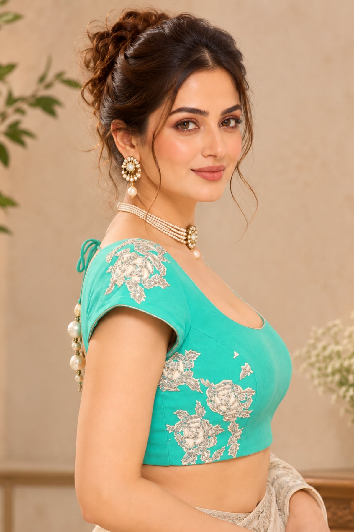 Turquoise Blue Embroidered Designer Blouse with Pearl Tassels