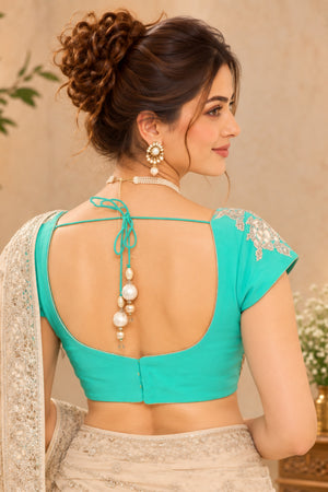 Turquoise Blue Embroidered Designer Blouse with Pearl Tassels