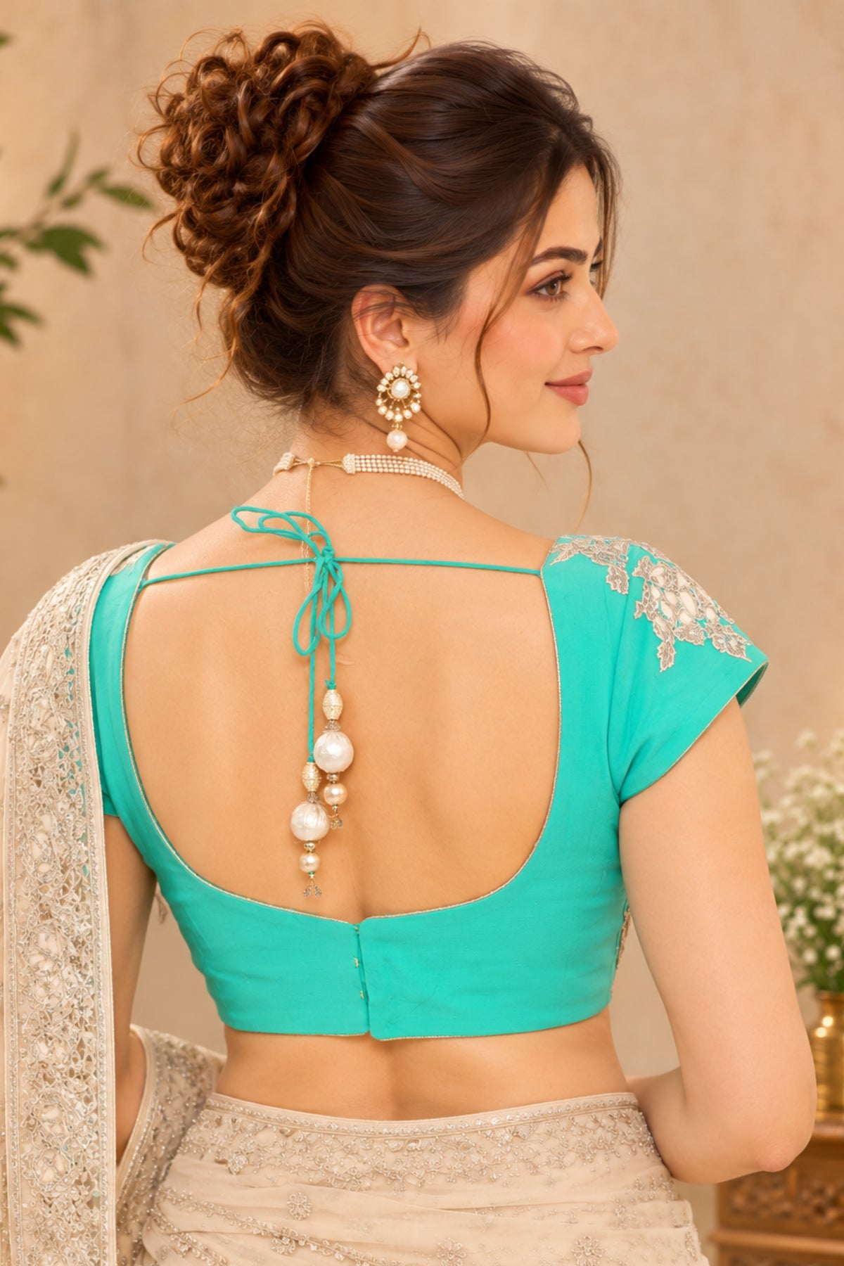 Turquoise Blue Embroidered Designer Blouse with Pearl Tassels