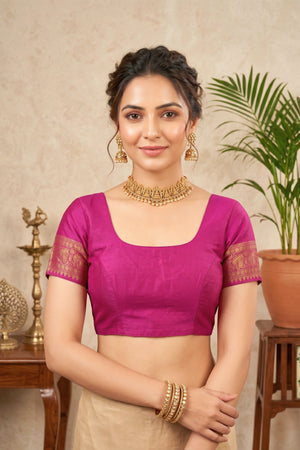 Regal Magenta Silk Blouse with Traditional Zari Border