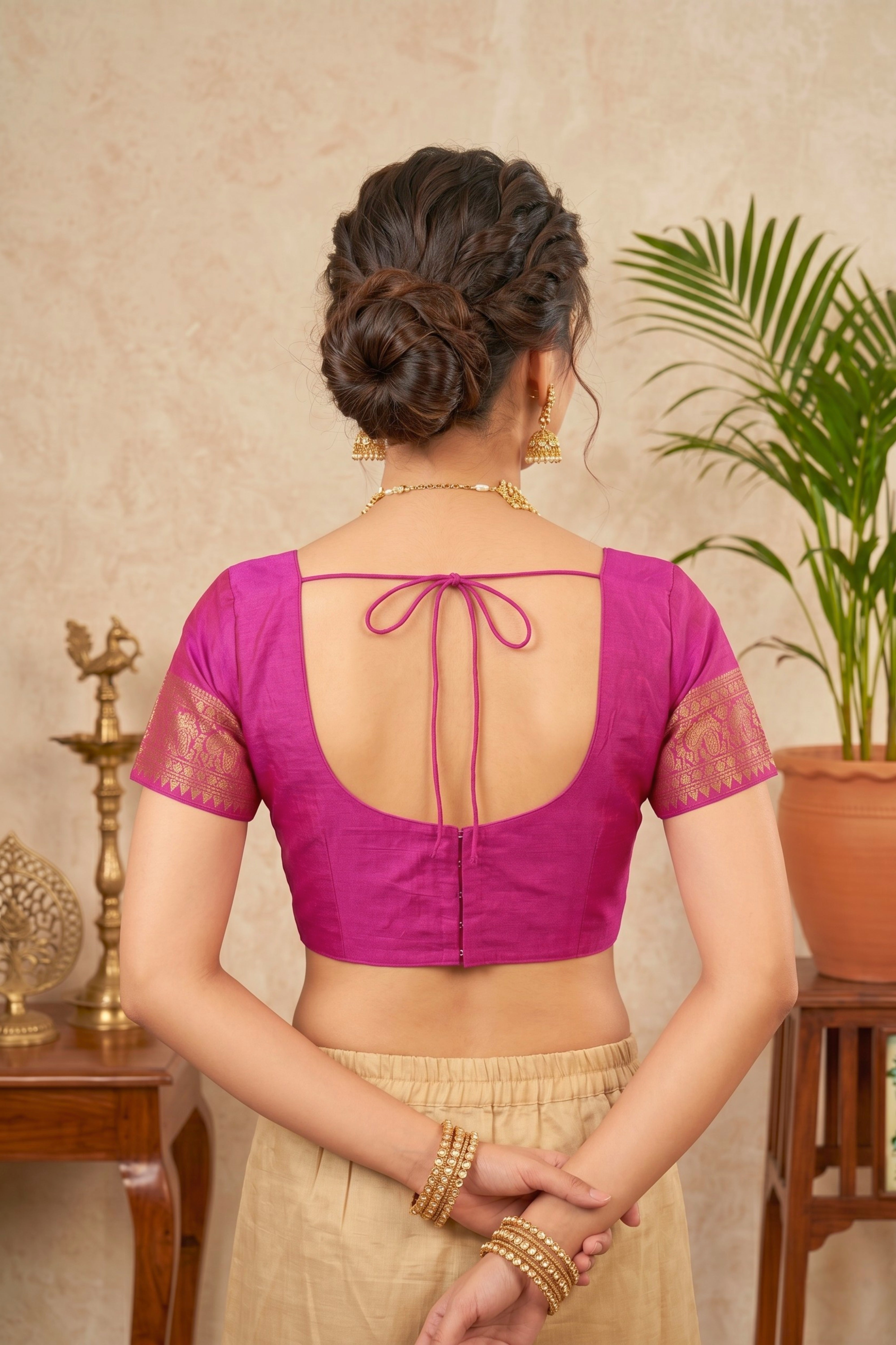 Regal Magenta Silk Blouse with Traditional Zari Border