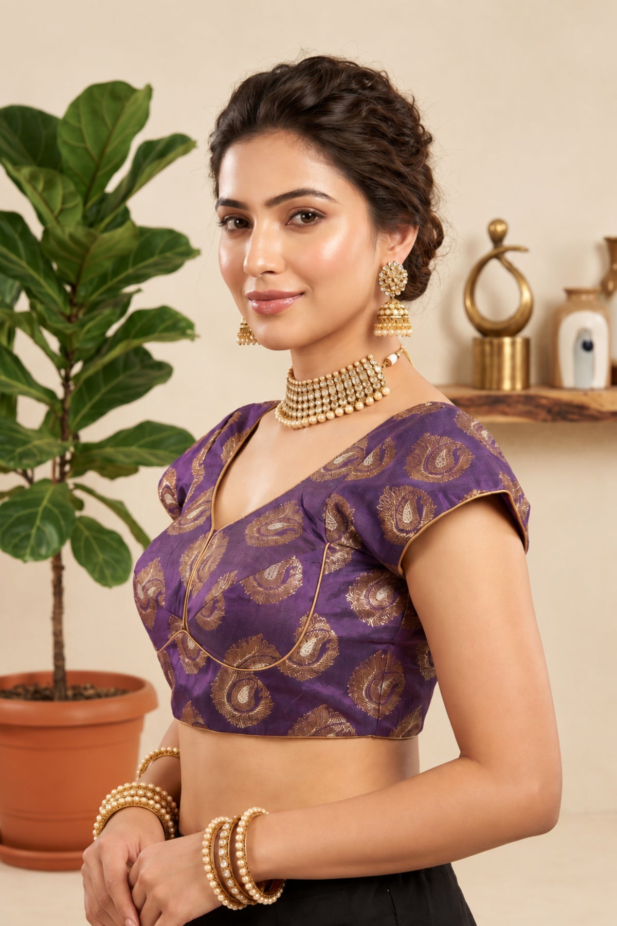 Royal Purple & Gold Brocade Designer Blouse