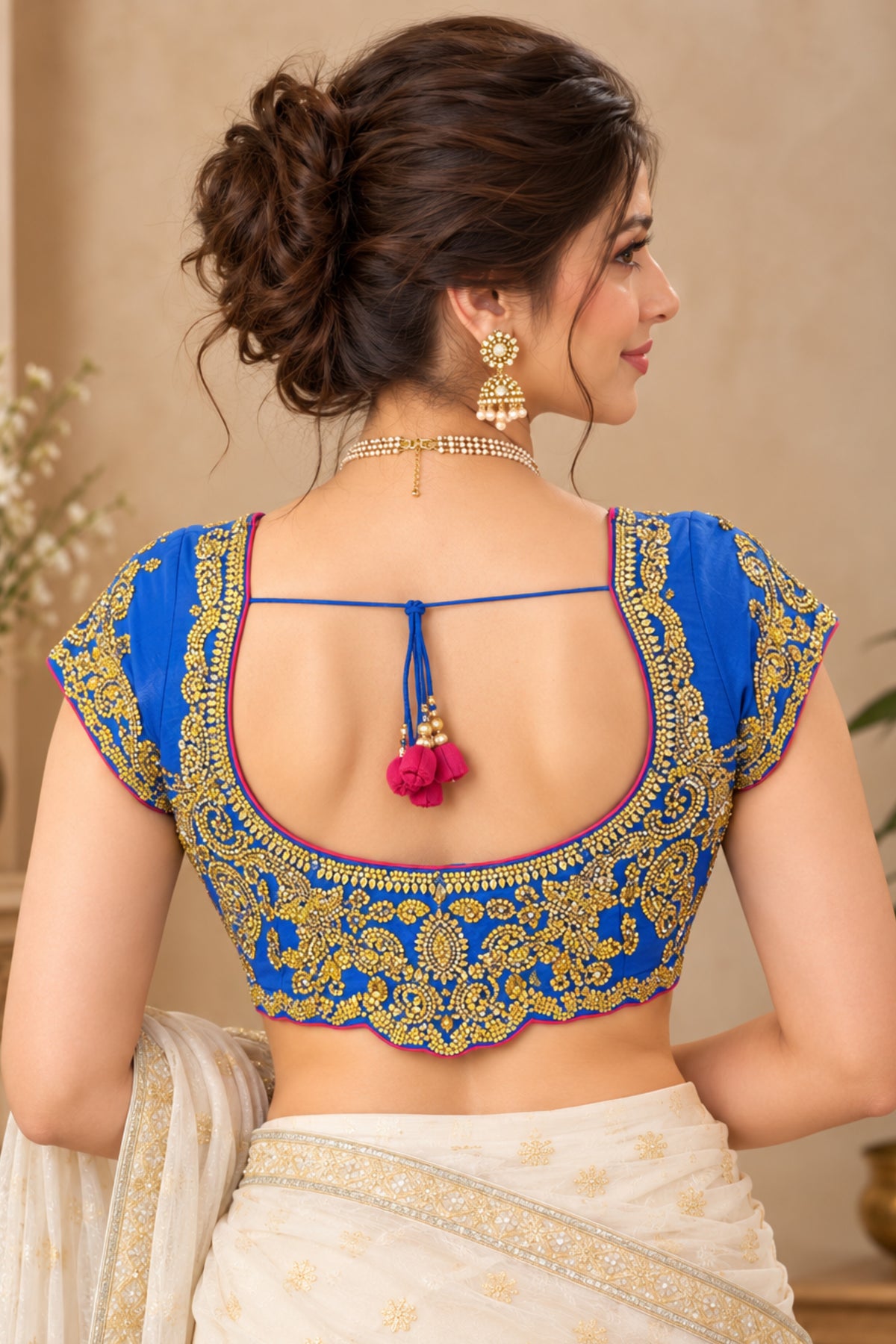 Royal Blue Heavy Gold Embroidered Designer Blouse