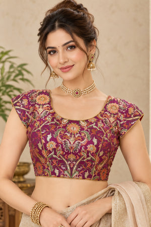 Rich Magenta & Multi-Color Floral Brocade Designer Blouse