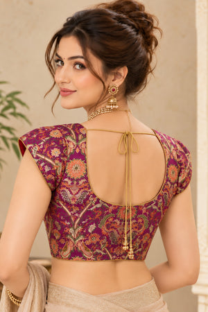 Rich Magenta & Multi-Color Floral Brocade Designer Blouse