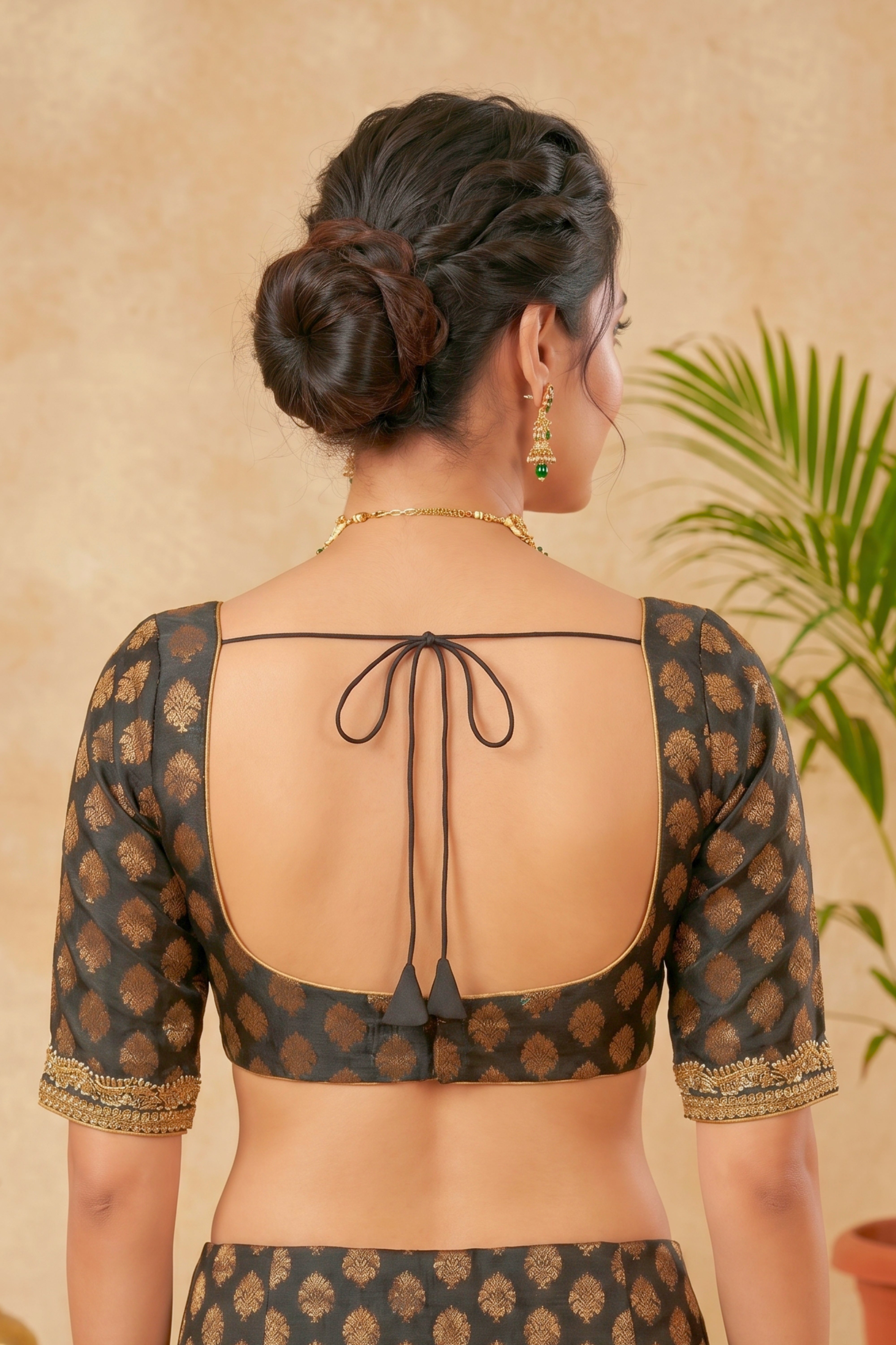 Elegant Black & Gold Brocade Silk Blouse with Emerald Green Border