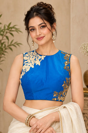 Royal Blue Asymmetrical Floral Embroidered Sleeveless Blouse