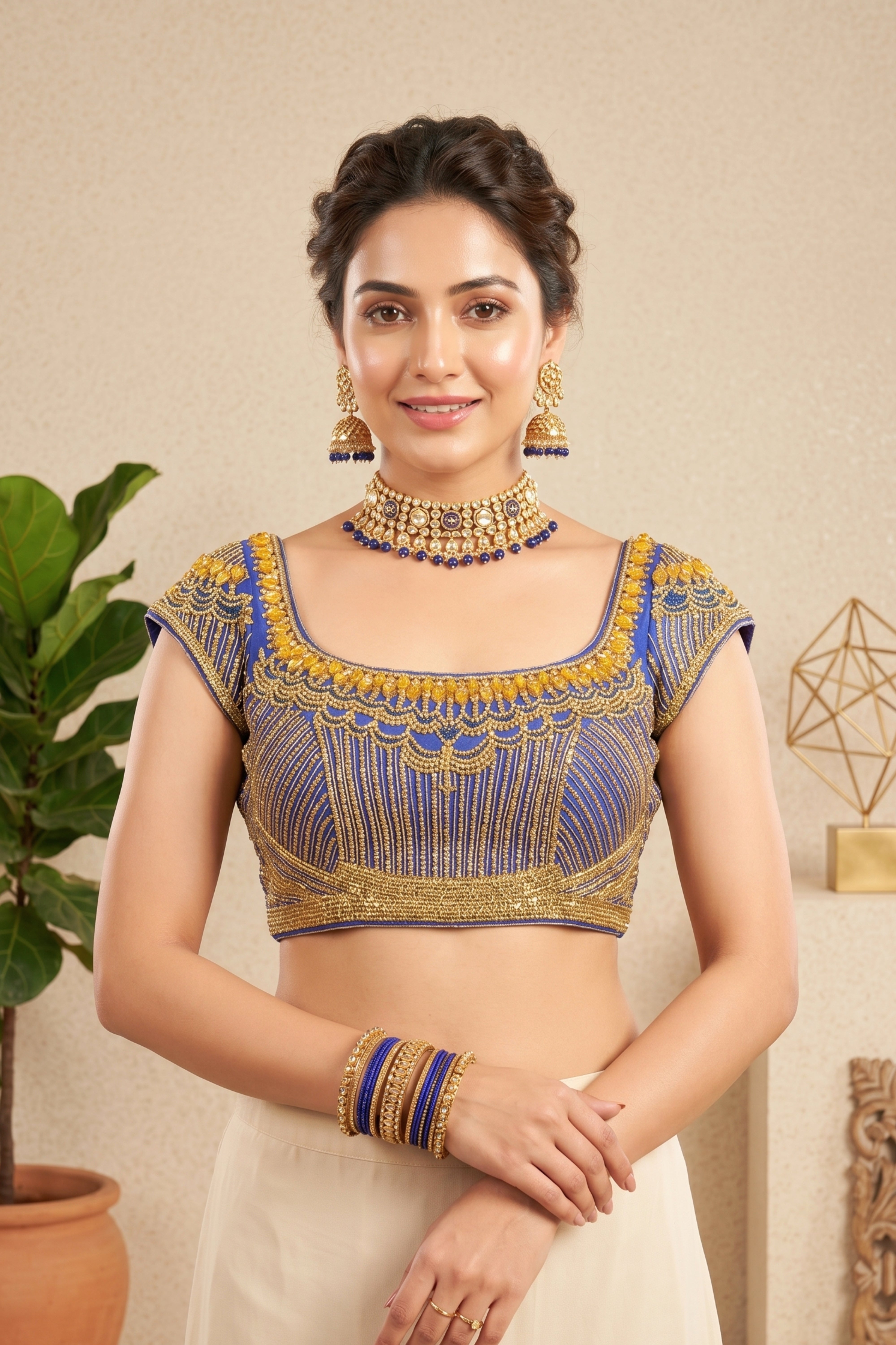 Heavily Embroidered Royal Blue Net Blouse