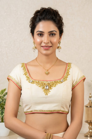 Elegant Ivory Textured Silk Blouse with Gold & Kundan Embroidery
