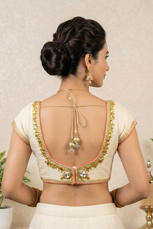 Elegant Ivory Textured Silk Blouse with Gold & Kundan Embroidery