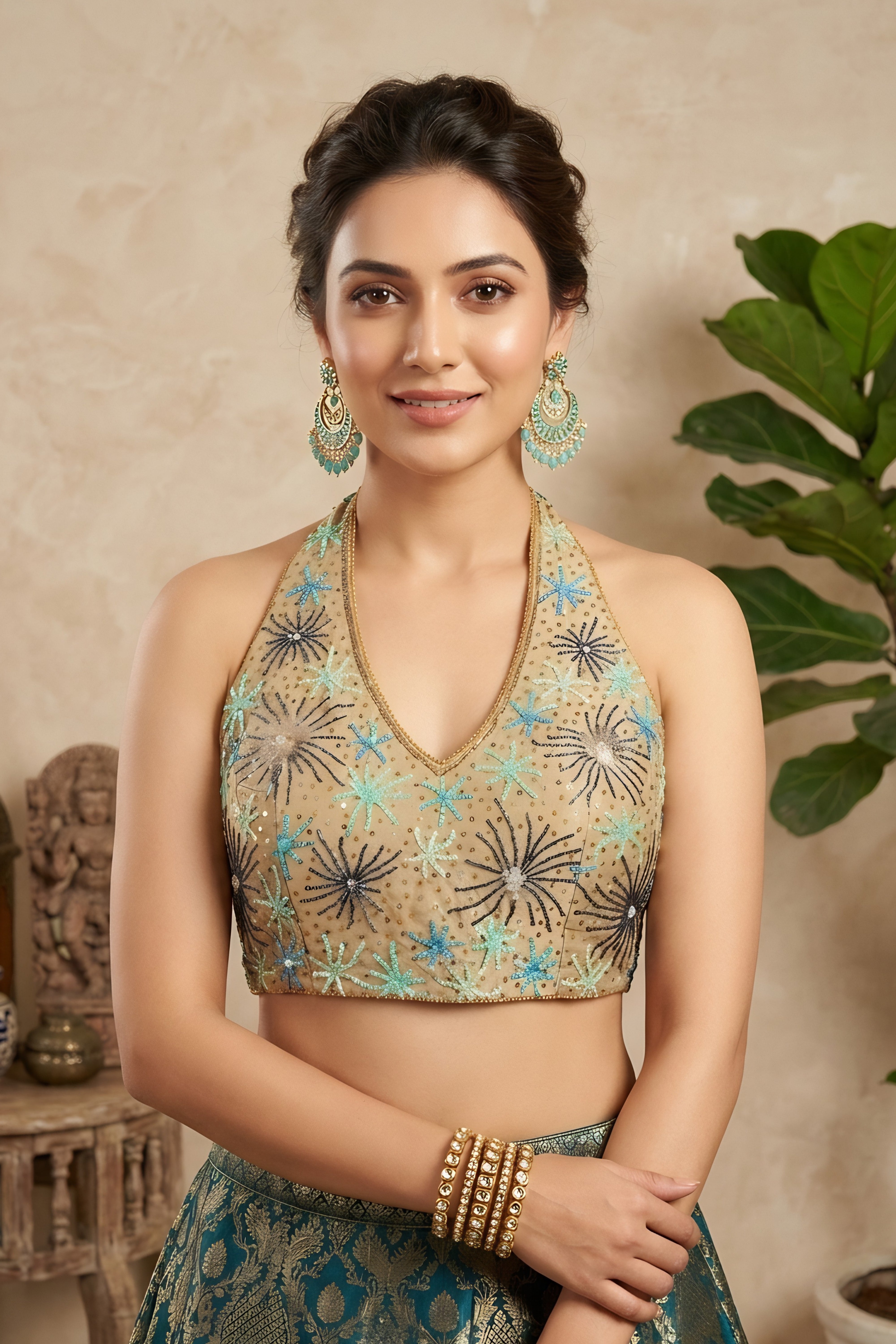 Embroidered Beige Halter Neck Silk Blouse