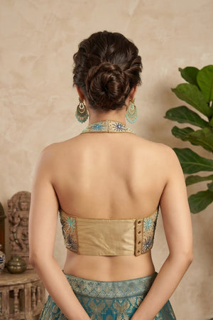 Embroidered Beige Halter Neck Silk Blouse