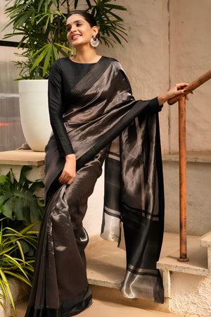 Celebrity-Inspired Black & Silver Striped Tissue Saree