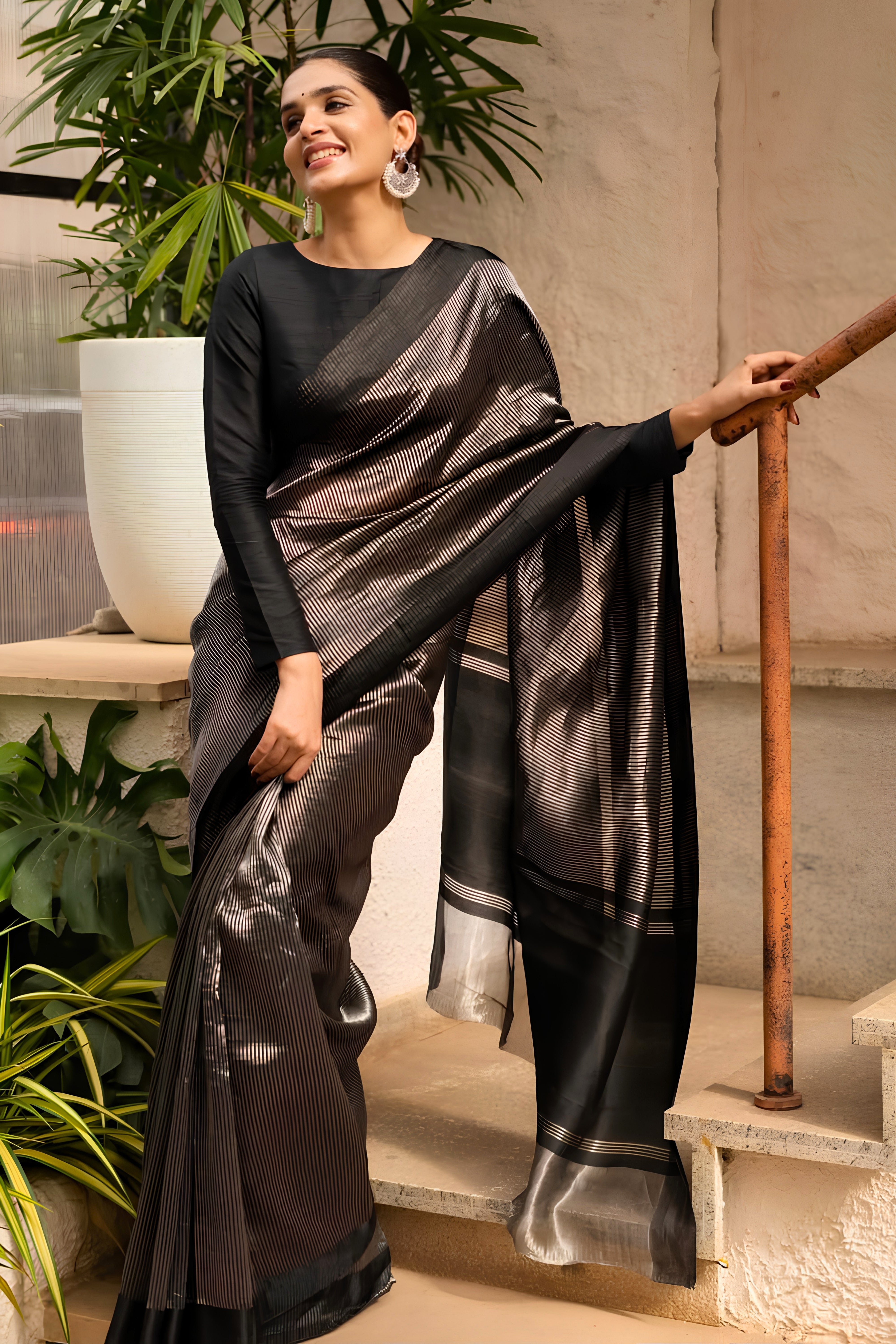 Celebrity-Inspired Black & Silver Striped Tissue Saree