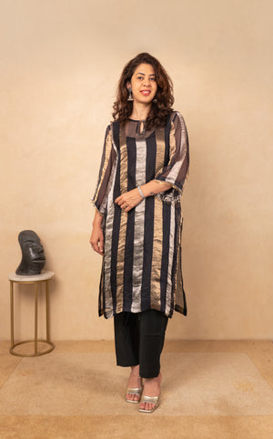 Black & Metallic Striped Organza Unstitched Suit Material by Label Tamanna