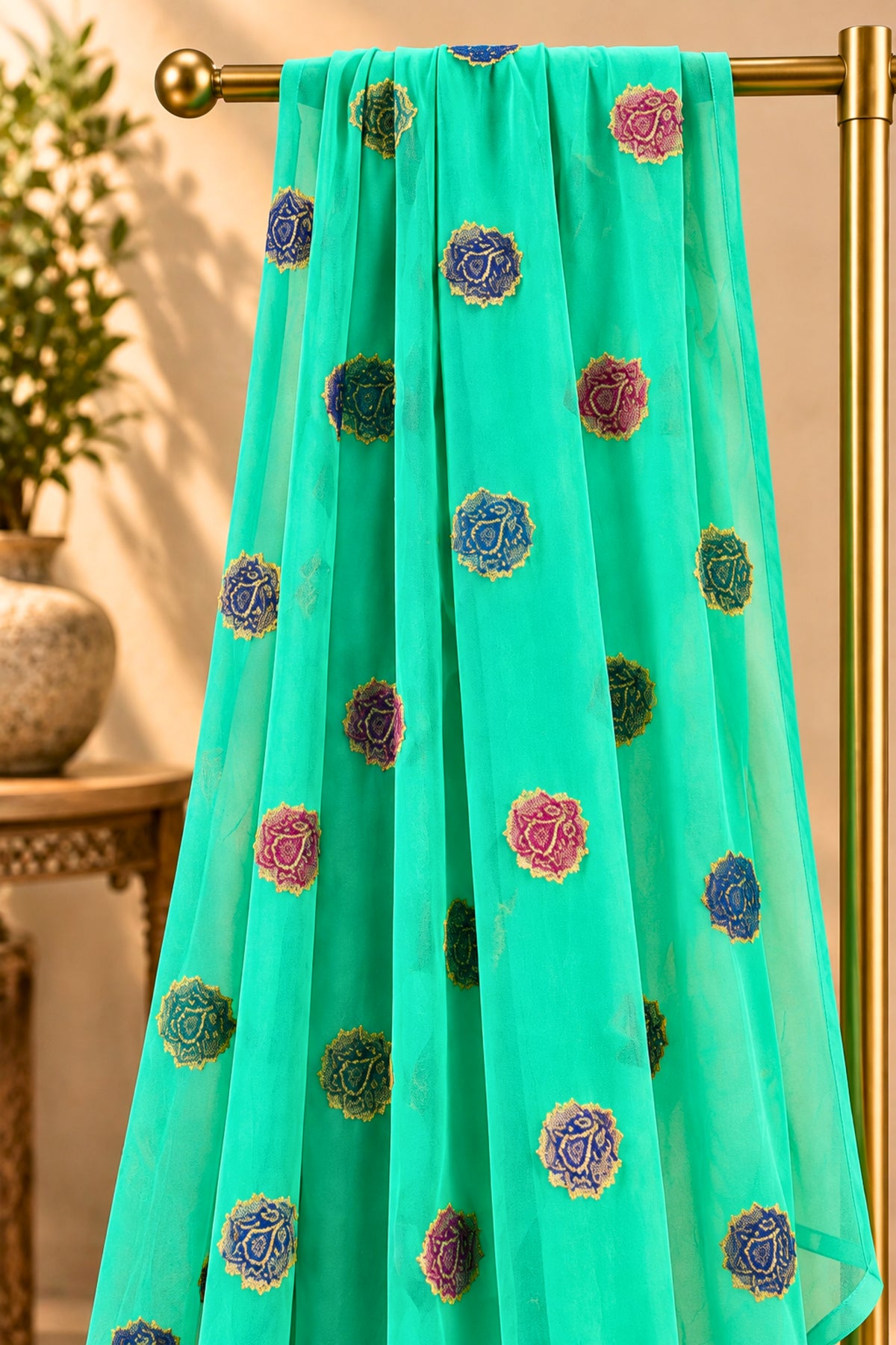 Turquoise Sea Green Banarasi Chiffon Dupatta with Resham Woven Bootas
