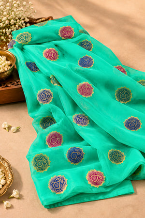 Turquoise Sea Green Banarasi Chiffon Dupatta with Resham Woven Bootas