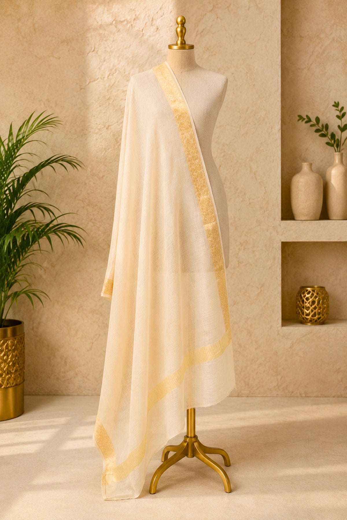 Off-White Moonga Silk Dupatta with Gold Banarasi Zari Border by Label Tamanna