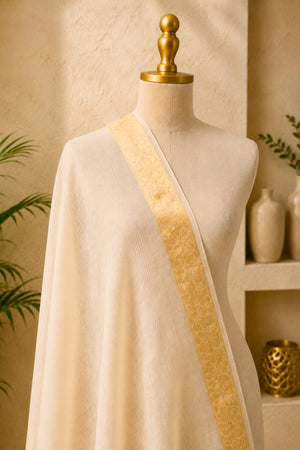 Off-White Moonga Silk Dupatta with Gold Banarasi Zari Border by Label Tamanna