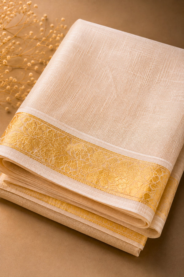Off-White Moonga Silk Dupatta with Gold Banarasi Zari Border by Label Tamanna