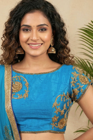 Vibrant Turquoise Blue & Yellow Embroidered Lehenga Set