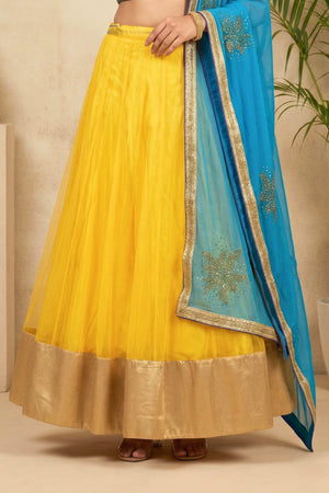 Vibrant Turquoise Blue & Yellow Embroidered Lehenga Set