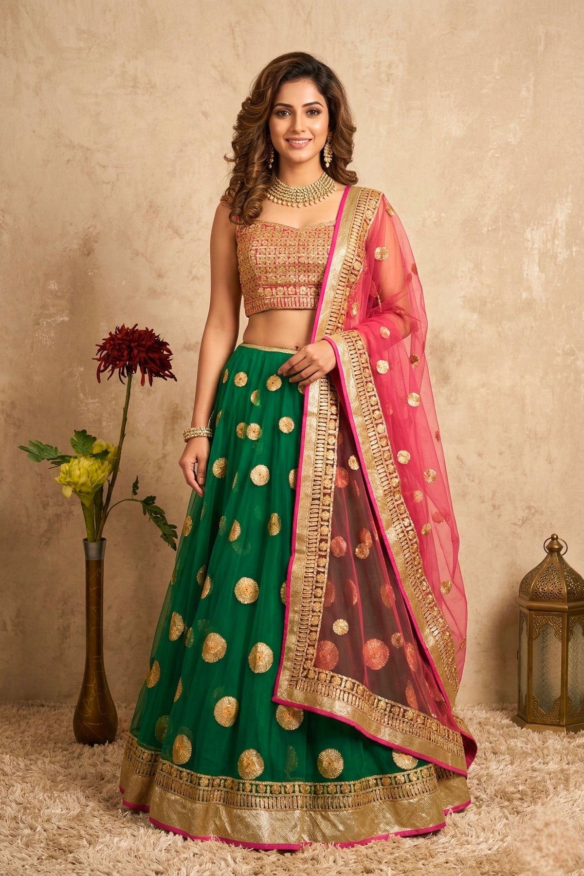 Vibrant Emerald Green and Rani Pink Gota Patti Lehenga Set