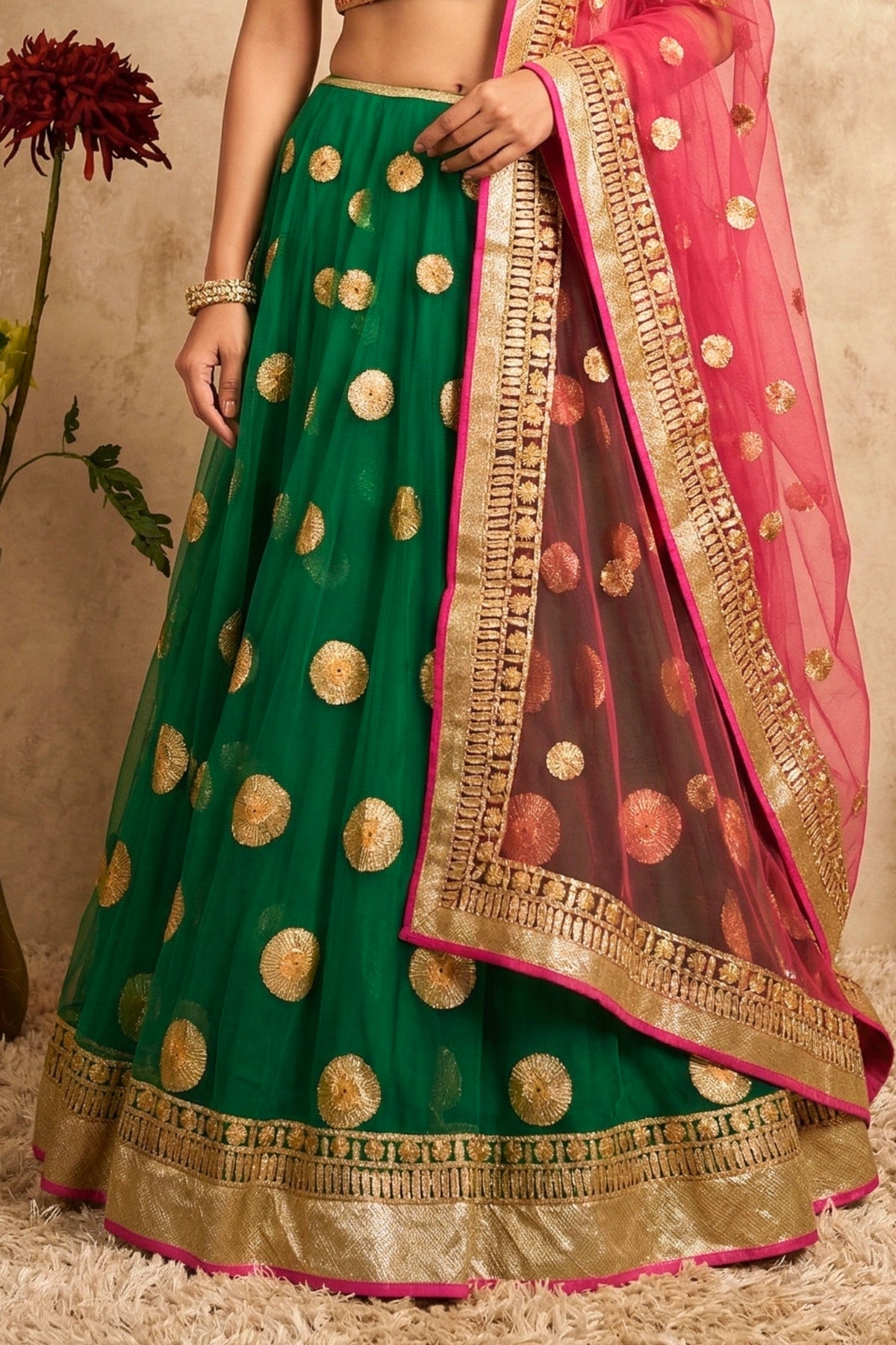 Vibrant Emerald Green and Rani Pink Gota Patti Lehenga Set