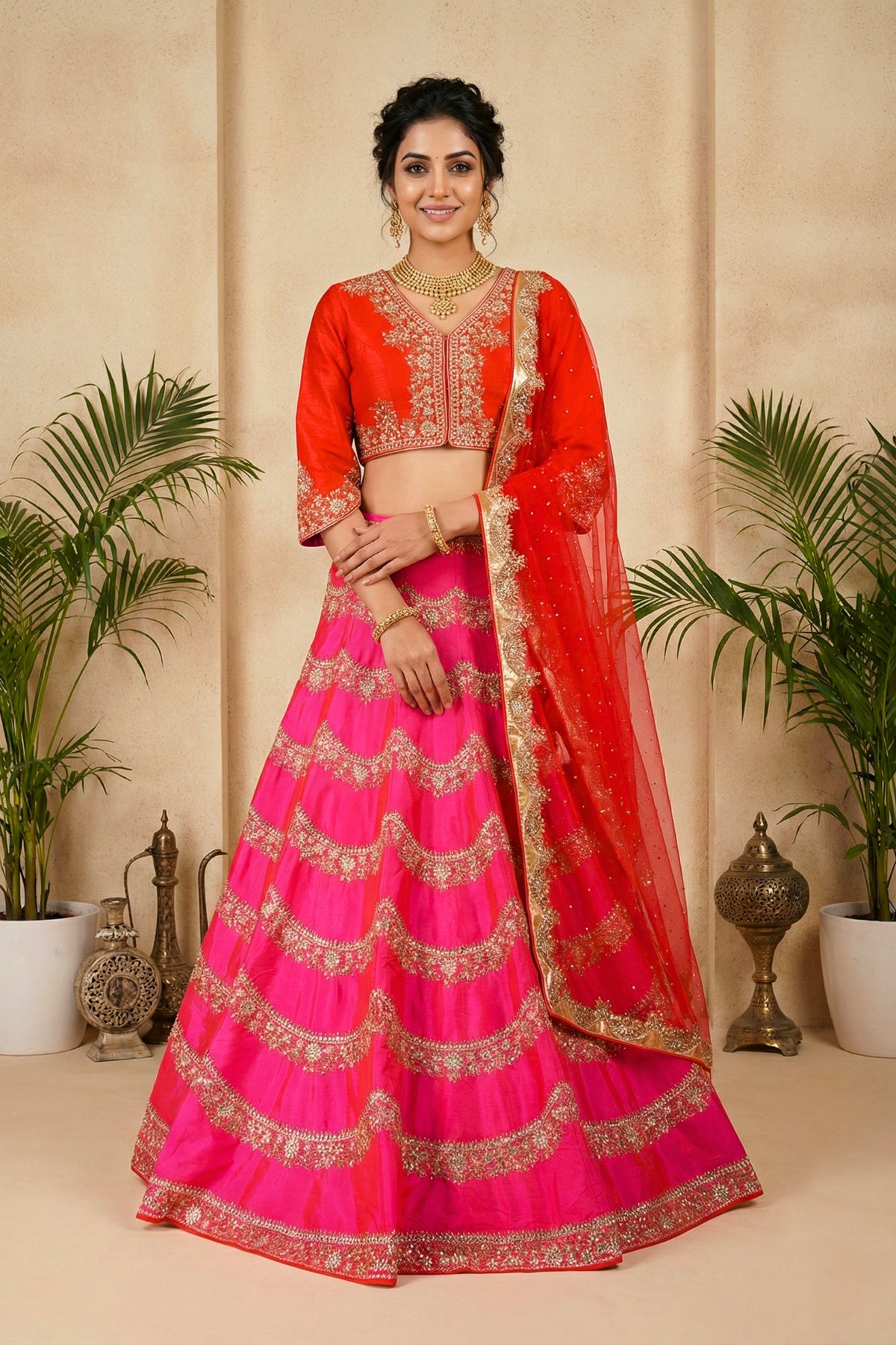 Vibrant Fuchsia Pink and Red Silk Lehenga with Scalloped Embroidery