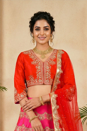 Vibrant Fuchsia Pink and Red Silk Lehenga with Scalloped Embroidery
