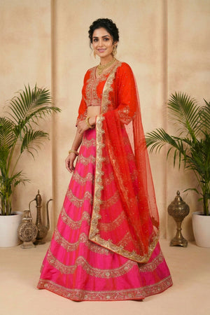 Vibrant Fuchsia Pink and Red Silk Lehenga with Scalloped Embroidery