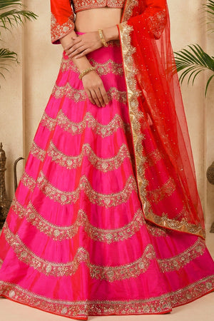 Vibrant Fuchsia Pink and Red Silk Lehenga with Scalloped Embroidery