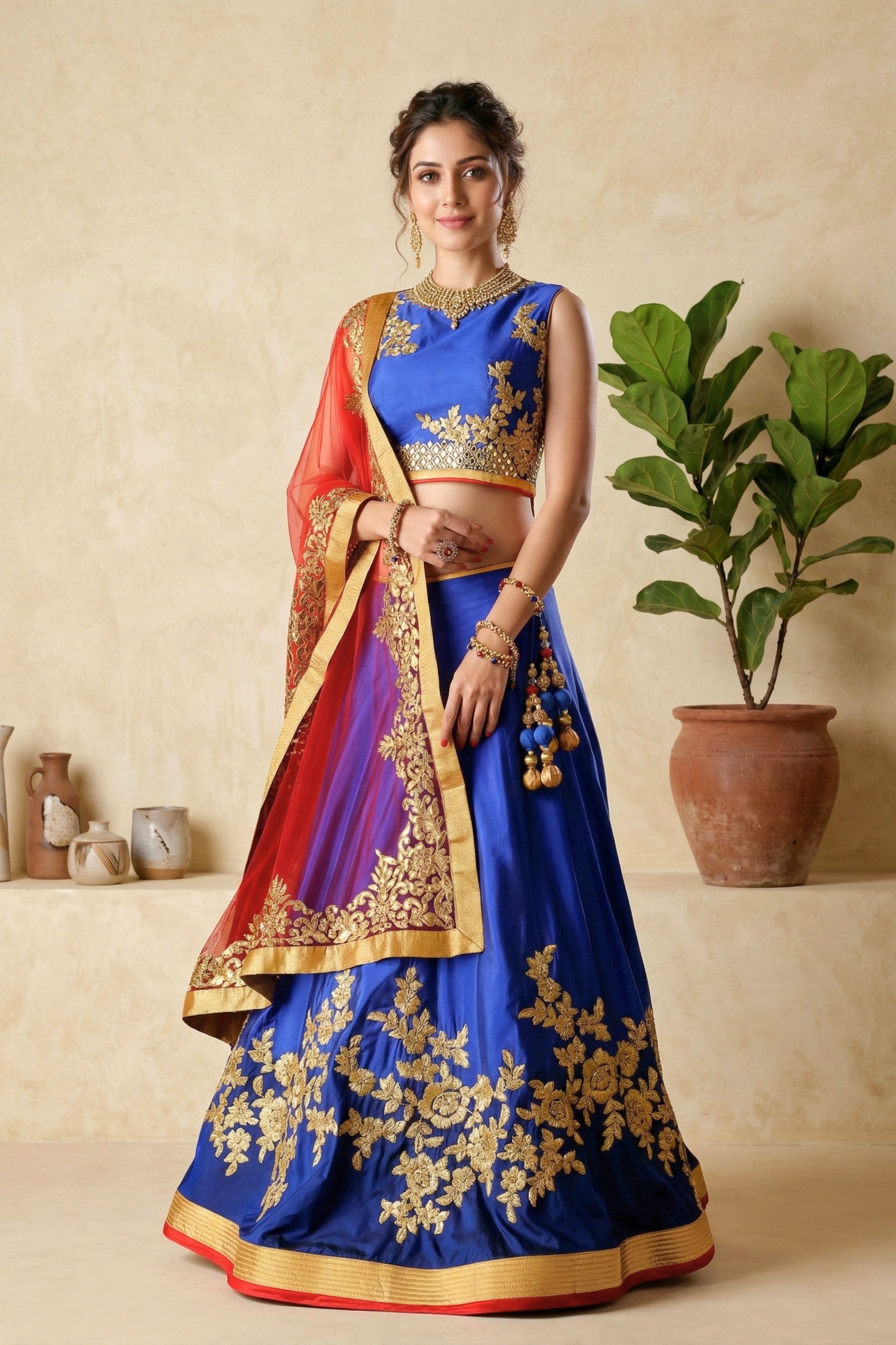 Royal Blue Silk Lehenga with Gold Embroidery and Contrast Red Dupatta