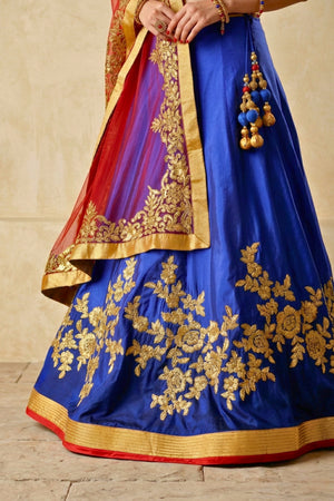 Royal Blue Silk Lehenga with Gold Embroidery and Contrast Red Dupatta