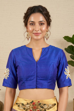 Royal Blue Raw Silk Blouse with Beaded Starburst Floral Embroidery