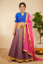 Purple Banarasi Silk Lehenga with Blue Silk Blouse and Pink Dupatta