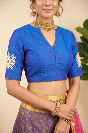 Purple Banarasi Silk Lehenga with Blue Silk Blouse and Pink Dupatta