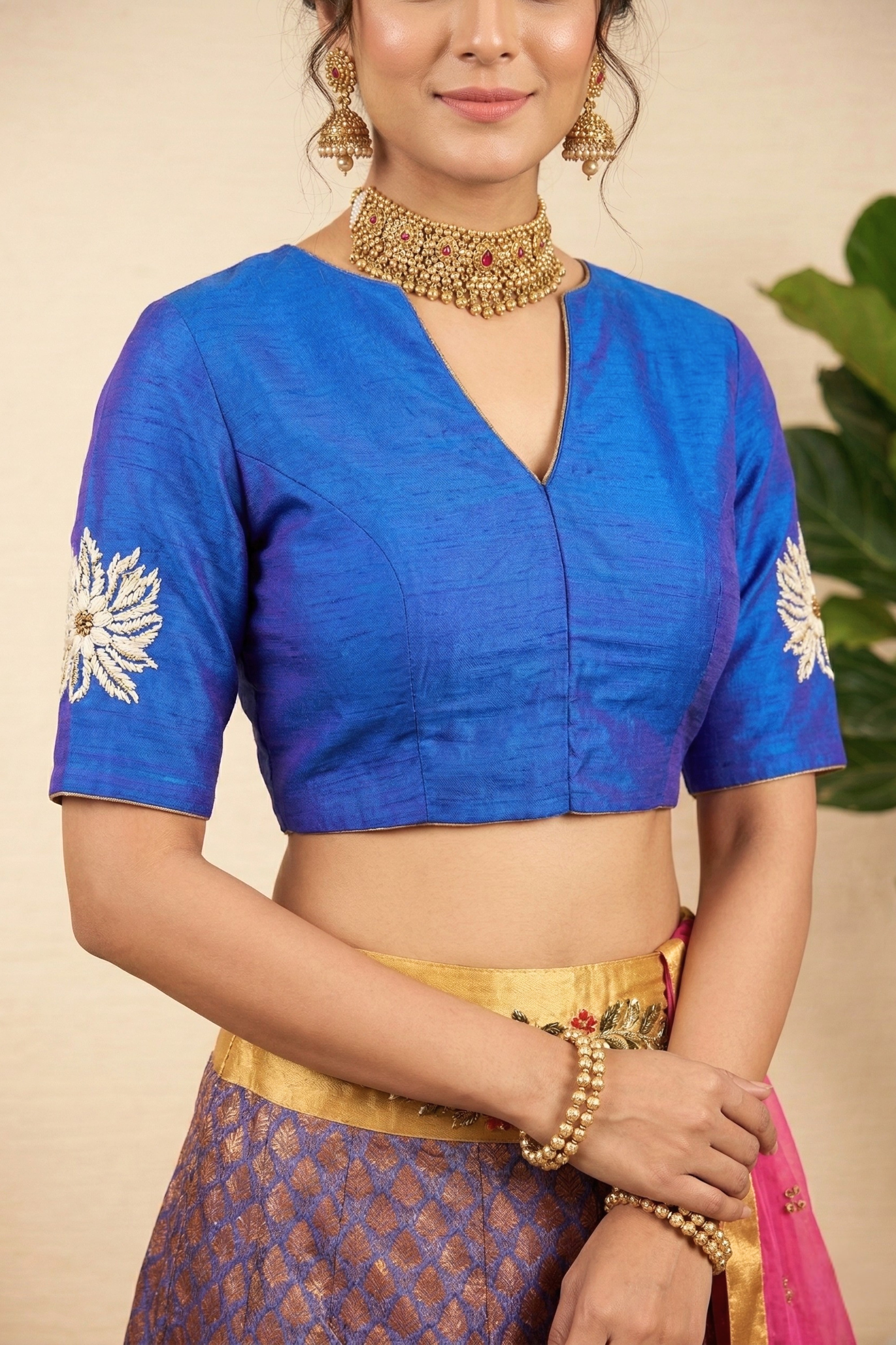 Purple Banarasi Silk Lehenga with Blue Silk Blouse and Pink Dupatta