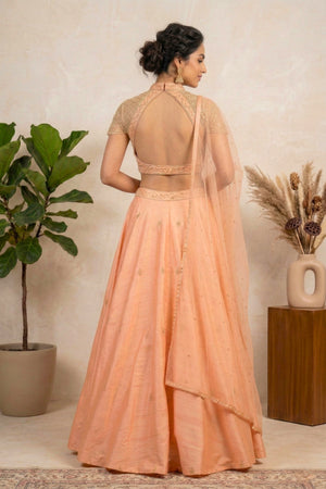 Pastel Peach Silk Lehenga Set with Embroidered High-Neck Choli