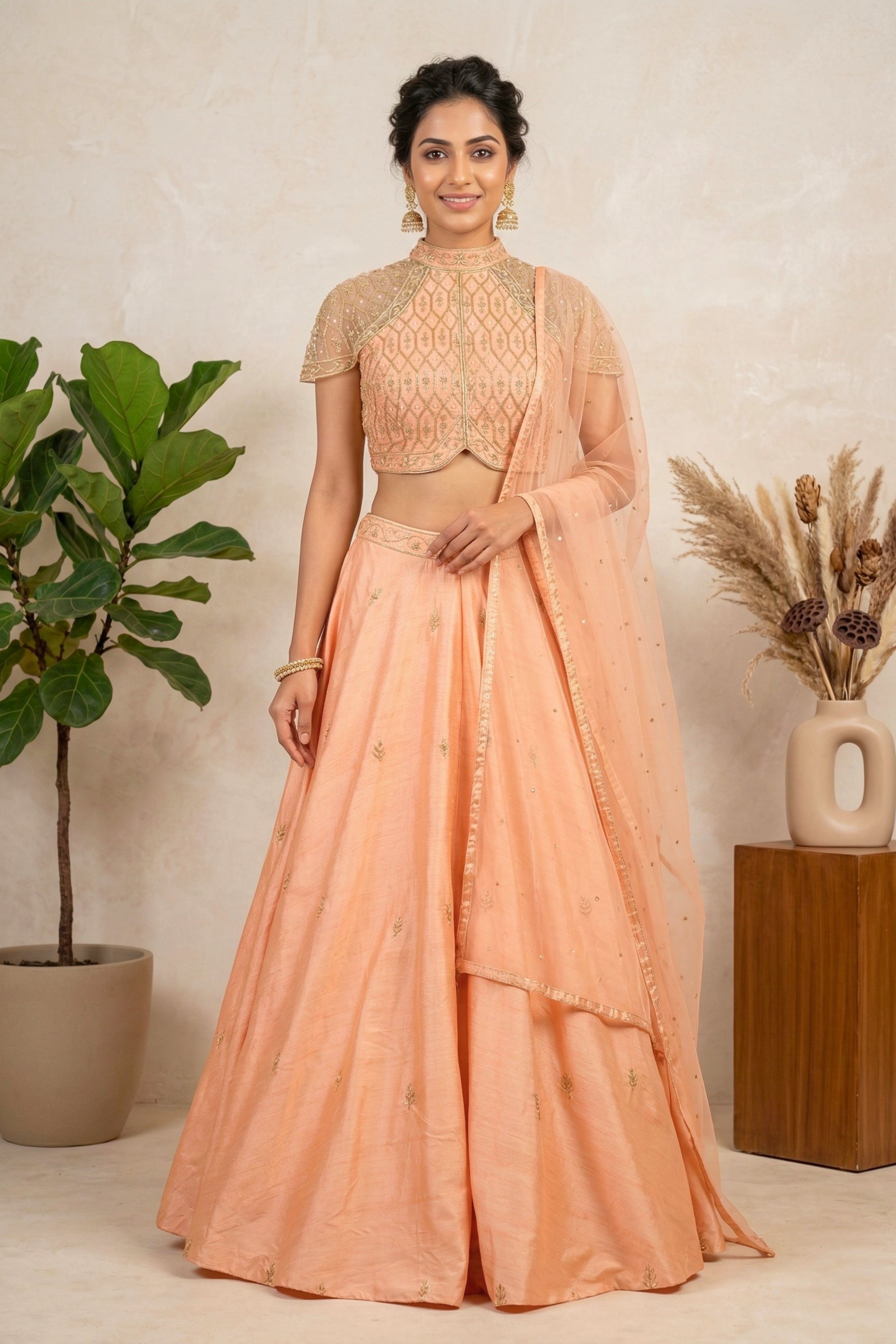 Pastel Peach Silk Lehenga Set with Embroidered High-Neck Choli