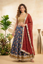 Radiant Shimmer Gold Blouse with Blue Floral Swiss Cotton Lehenga and Crimson Dupatta