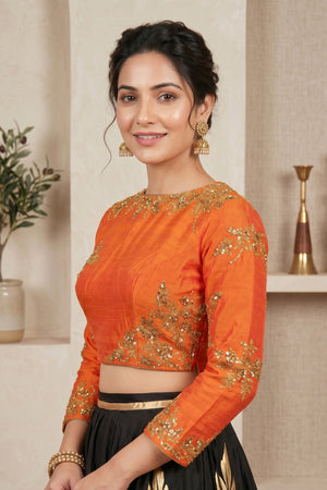 Vibrant Tangerine Pure Silk Blouse with Gold Zardozi Embroidery