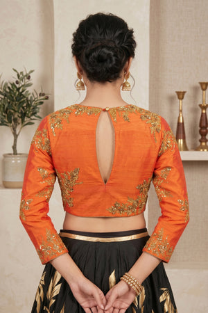 Vibrant Tangerine Pure Silk Blouse with Gold Zardozi Embroidery