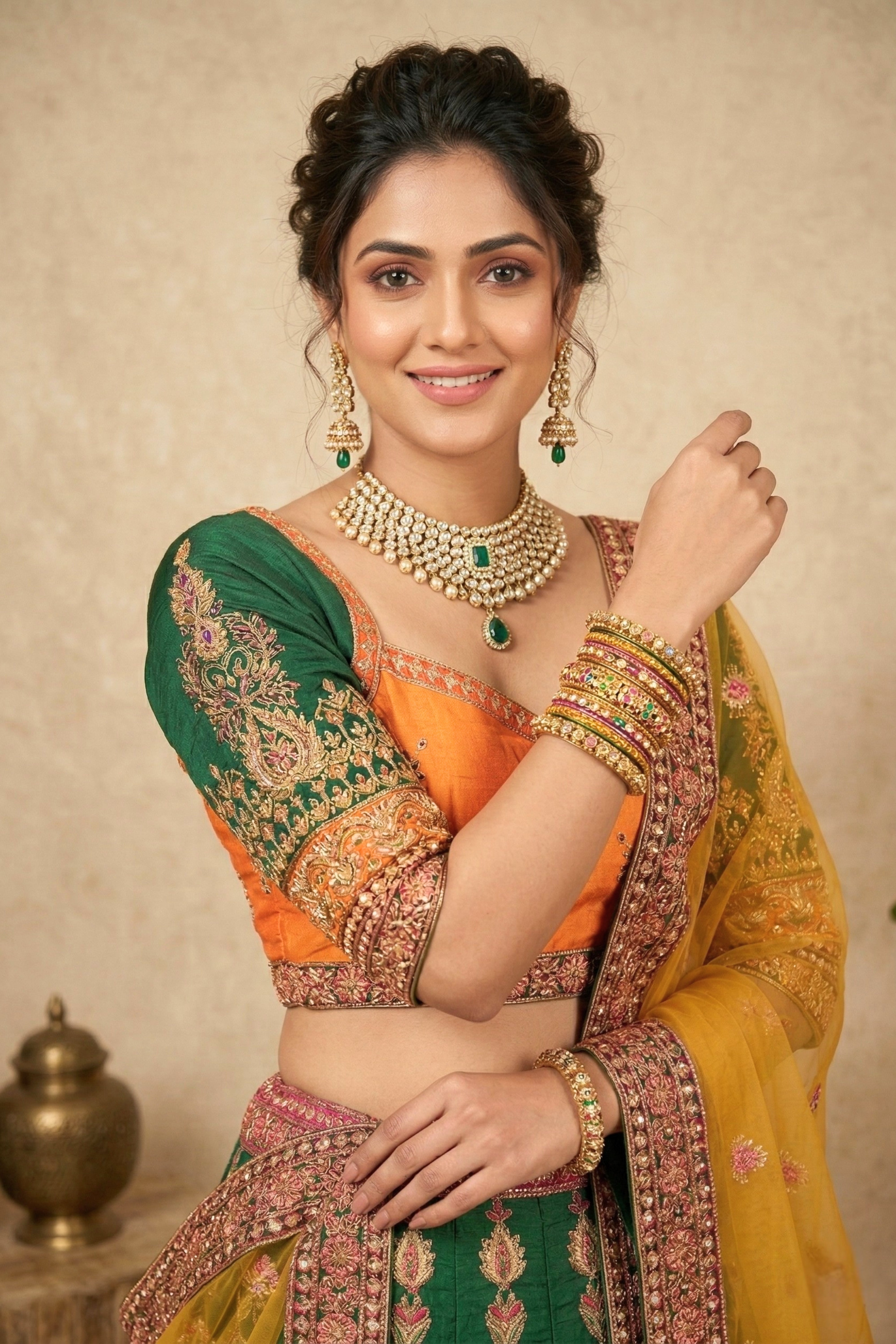 Haldi and green fine zari work fishcut lehenga