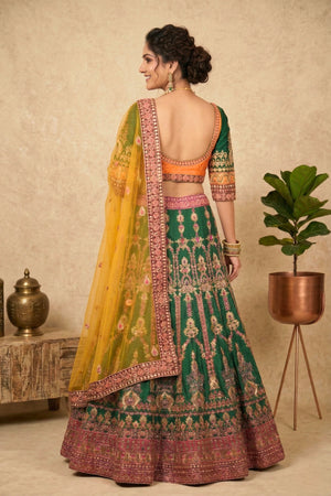 Haldi and green fine zari work fishcut lehenga